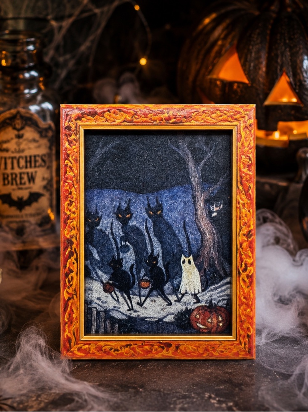 Halloween Black Cat Magnet – Framed Spooky Cat Art